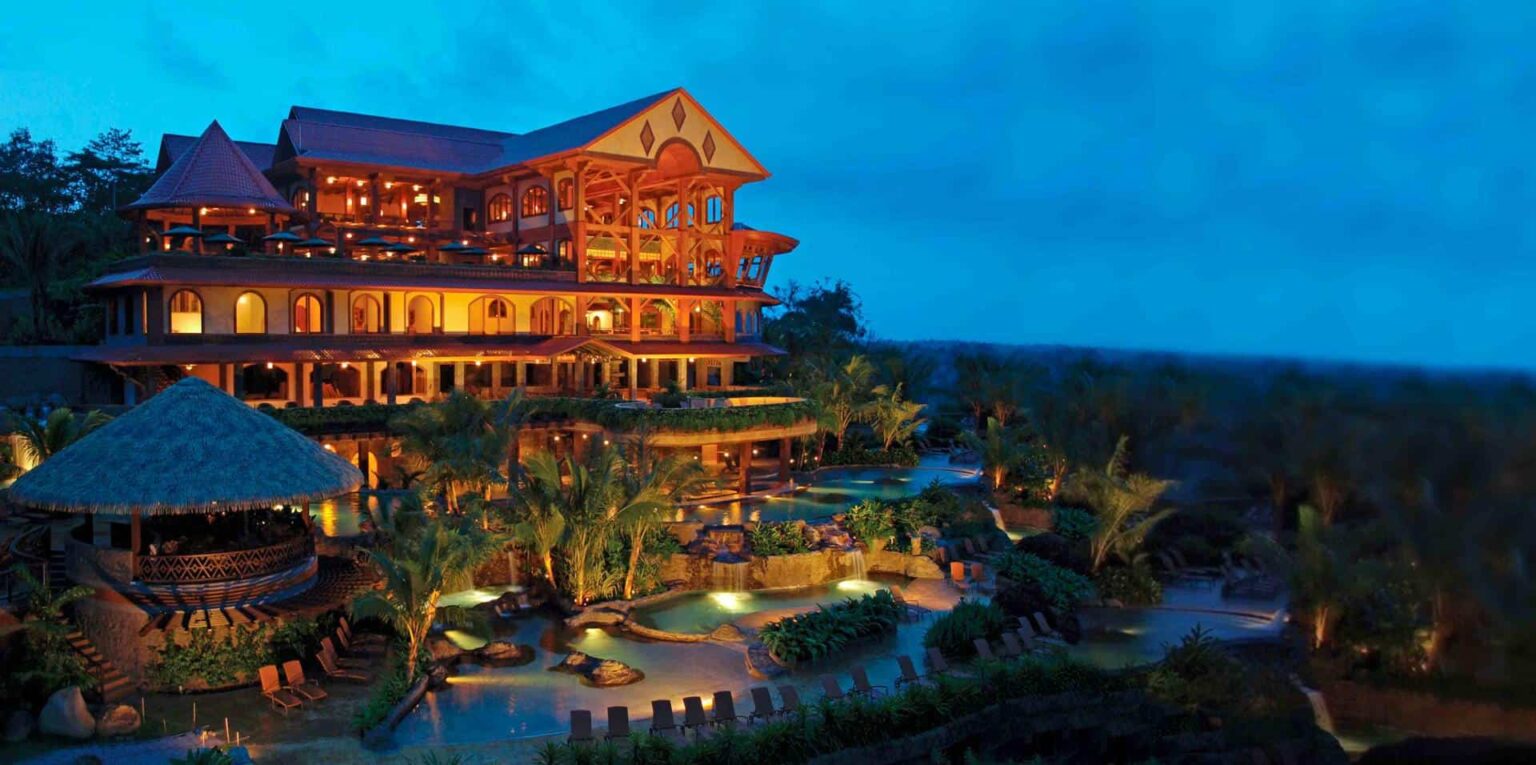 The lodge at dusk at The Springs Resort