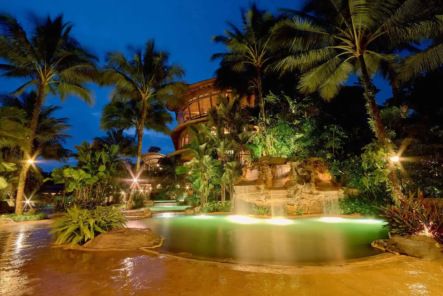 Las Lagunas pools at night at The Springs Resort